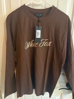 White Fox Boutique Brown Long Sleeve Crew Tee with Script Logo